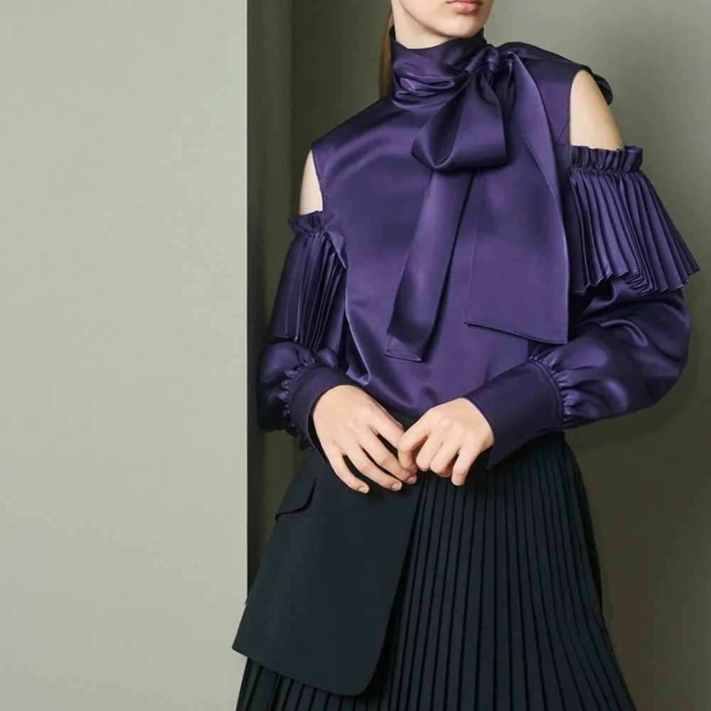 ADEAM Japan Intermix “Ashlee” purple cold shoulder pleated blouse top w ties XS - Picture 2 of 14